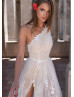 One Shoulder Ivory Lace Tulle Slit Open Back Wedding Dress